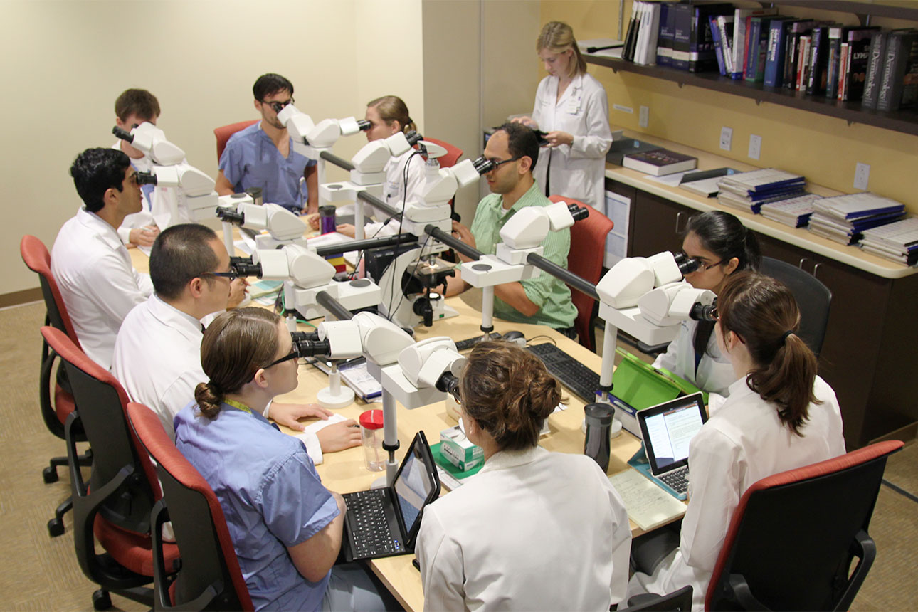 Dermatopathology fellows look through microscopes as a group